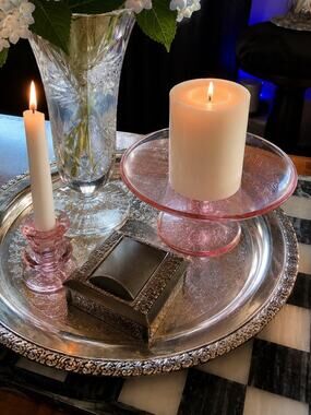 Vintage Pink Depression Glass Pedestal Dish Candleholder Bundle Cottage Coquette